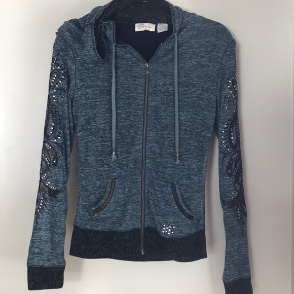 Miss Me Tops - Miss Me rhinestone sleeve hoodie sweatshirt